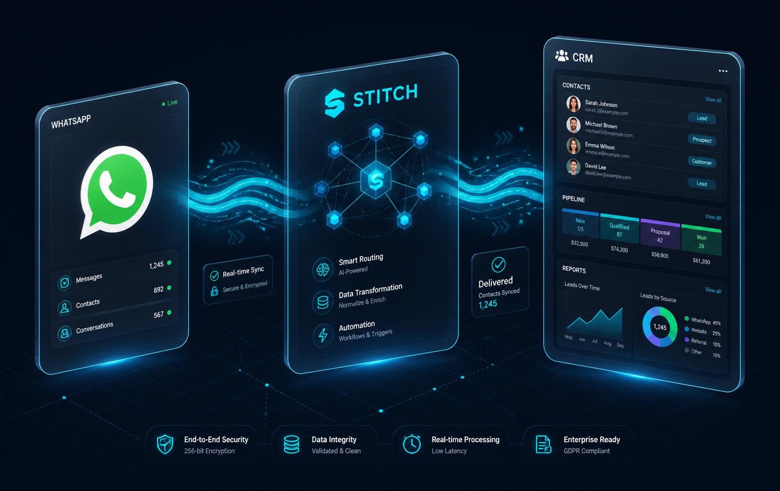 Diagram showing WhatsApp, Stitch and a CRM connected by live data flows